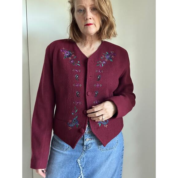 Vintage 90s Liz Wear Wool Jacket Burgundy Wine Red Classic Embroidery Boho - Picture 10 of 11